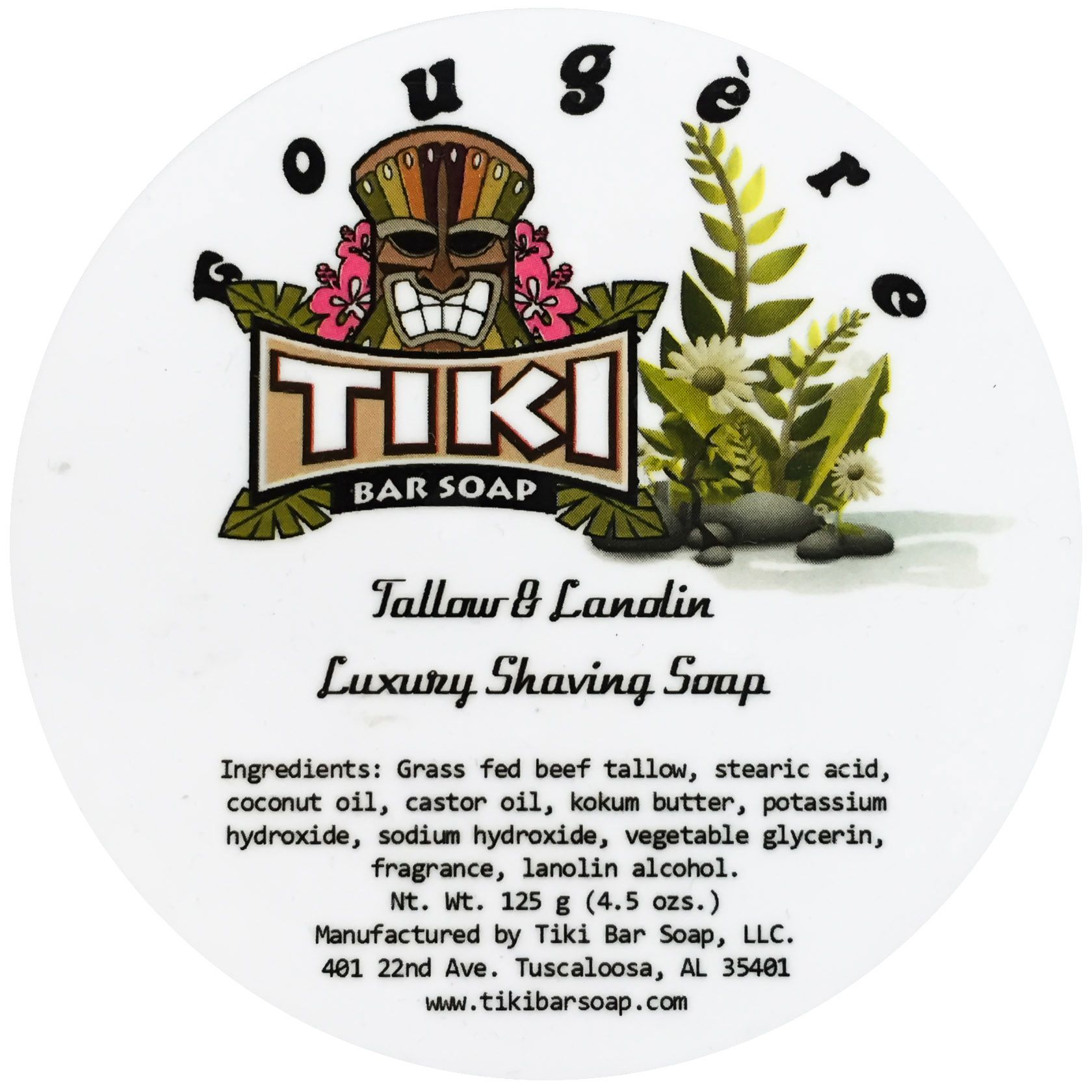 Etykieta mydła do golenia Tiki Bar Fougère Tallow Luxury Shaving Soap (ingredients)
