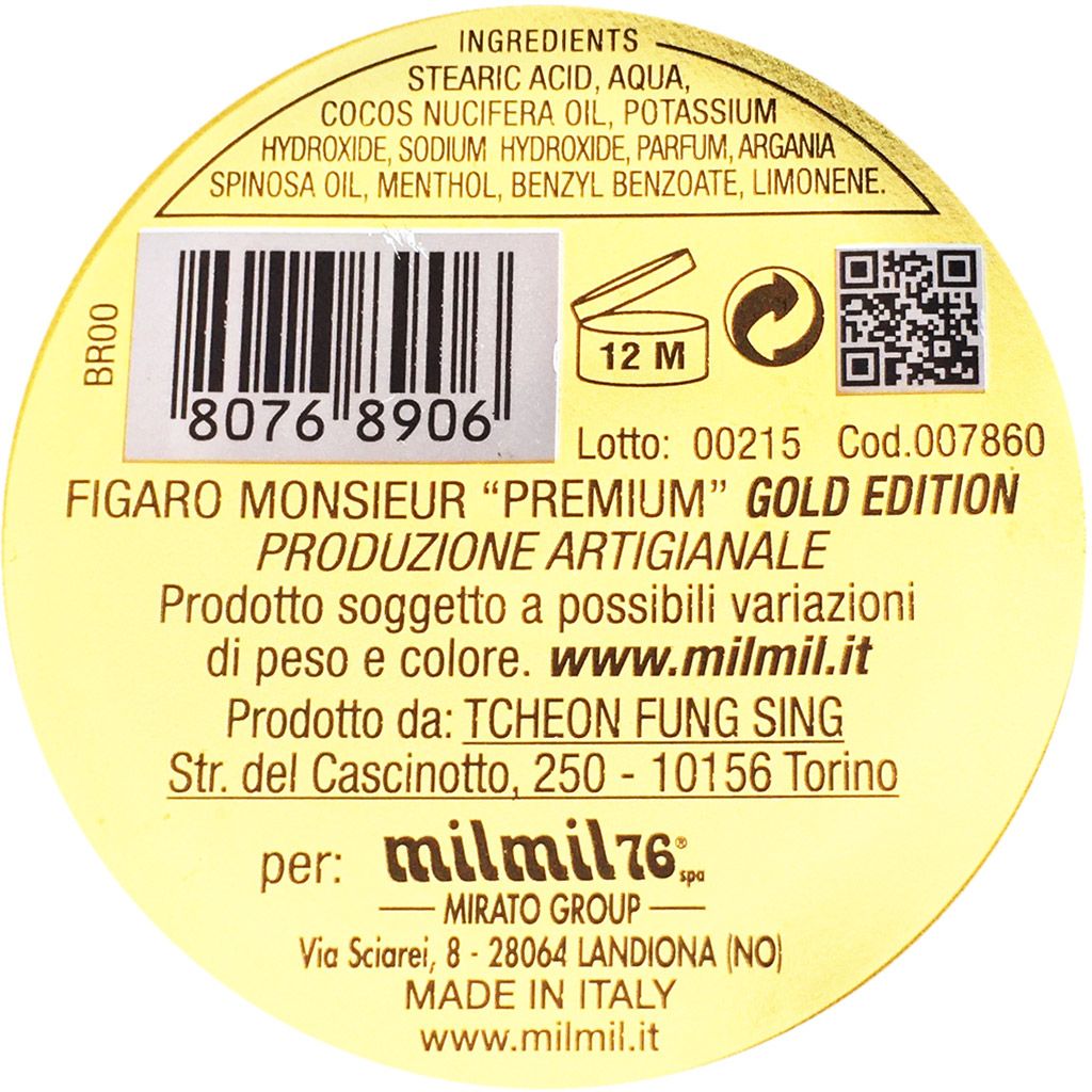 Skład mydła do golenia Figaro Monsieur Sapone da Barba (Shaving Soap) Gold Edition