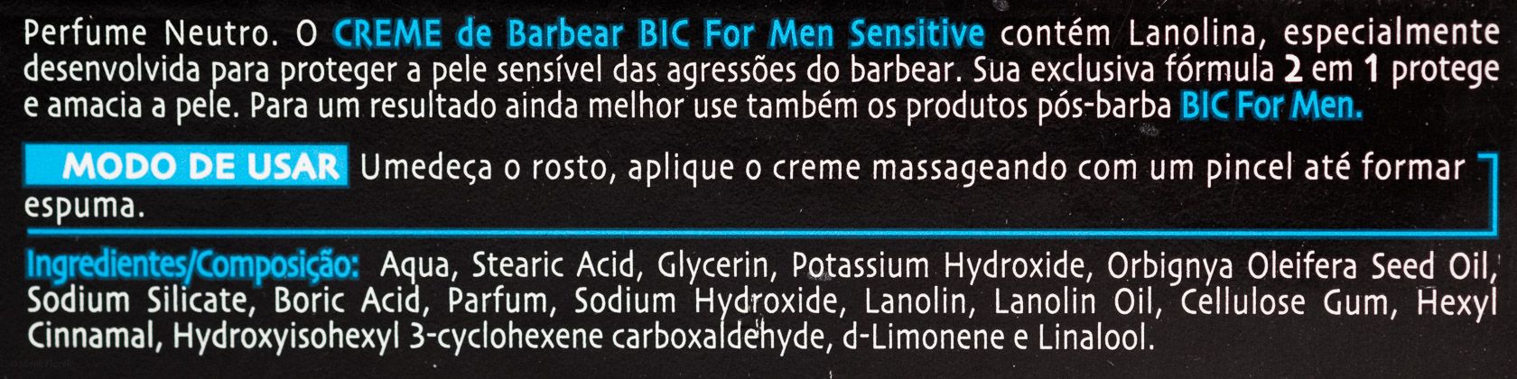 Skład kremu do golenia BiC Sensitive Creme de Barbear (Shaving Cream)
