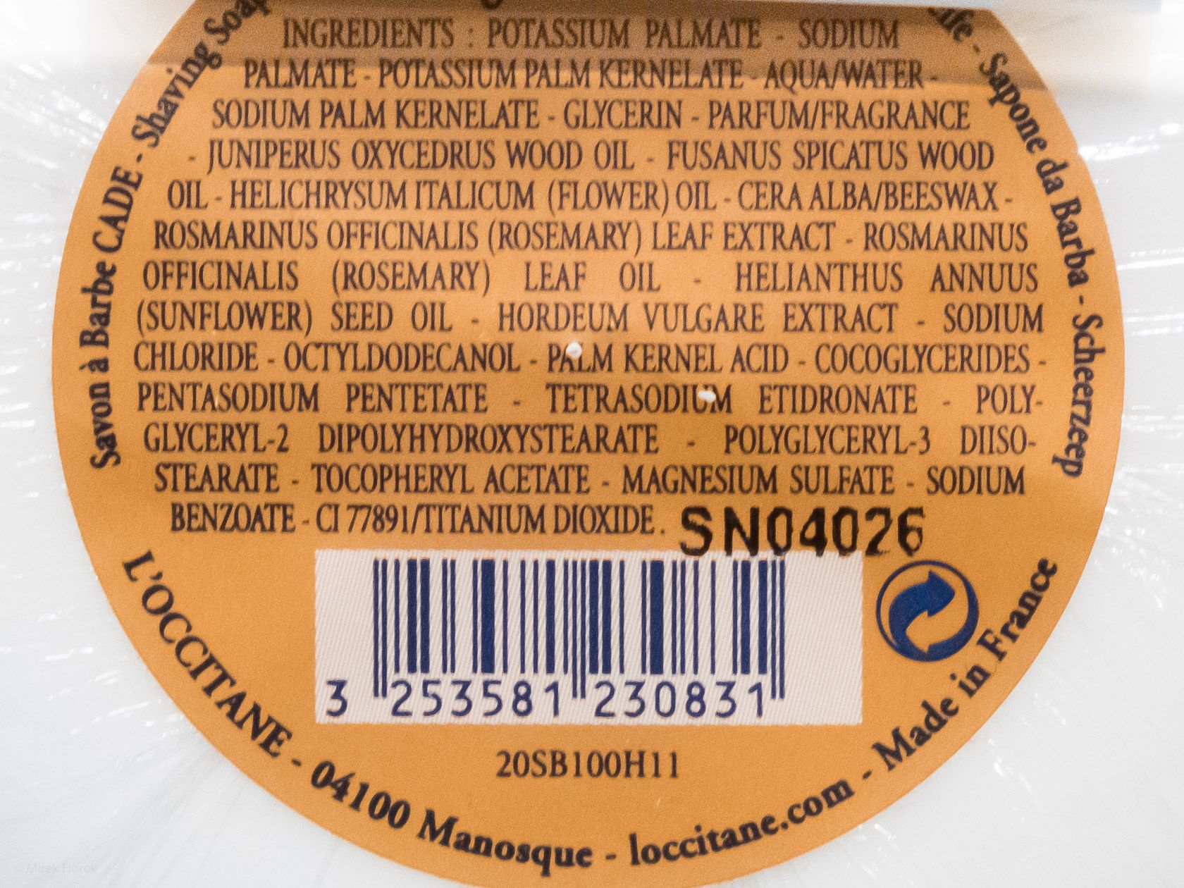 Skład mydła do golenia L'Occitane Cade Shaving Soap (Ingredients)