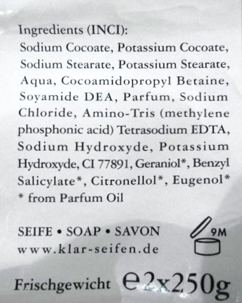 Skład mydła do golenia Klar Kabinett Rasierseife (INCI Ingredients)