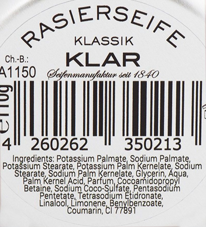 Skład mydła do golenia Klar Klassik Rasierdeife (INCI ingredients)