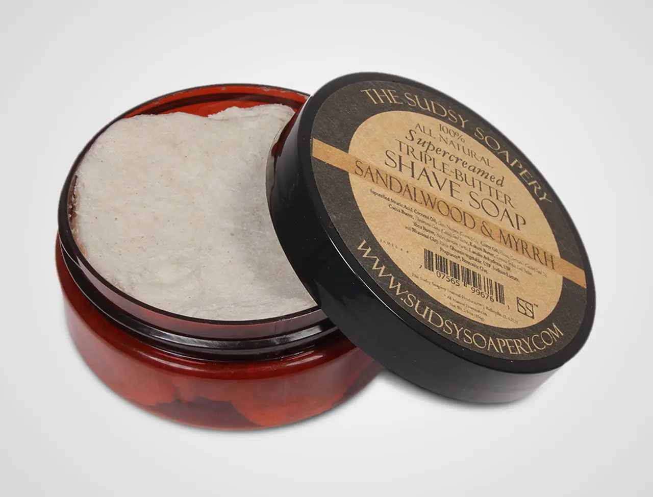 Opakowanie mydła do golenia Sudsy Soapery Sandalwood Myrrh Shaving Soap