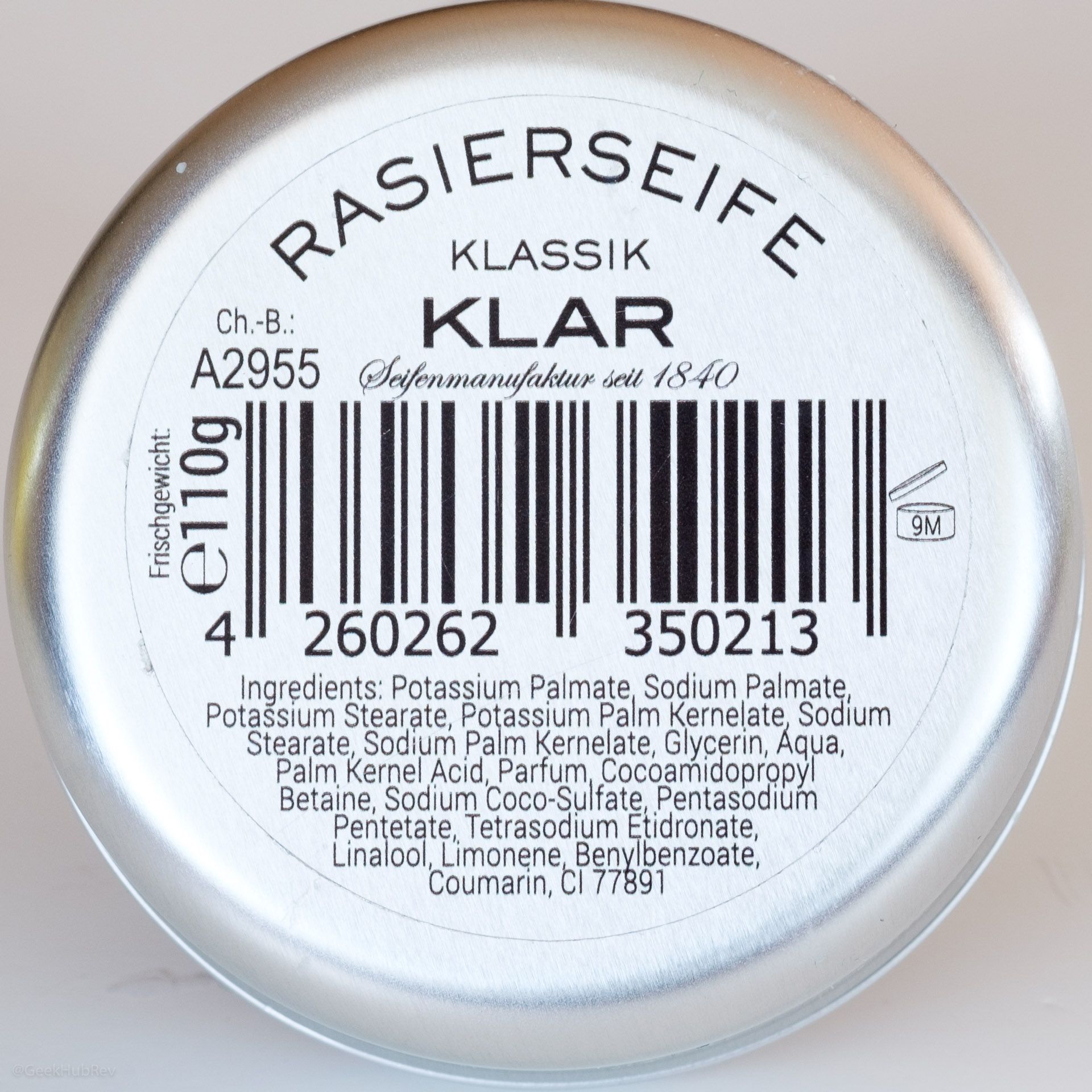 Skład mydła do golenia Klar Rasierseife Klassik (INCI ingredients)