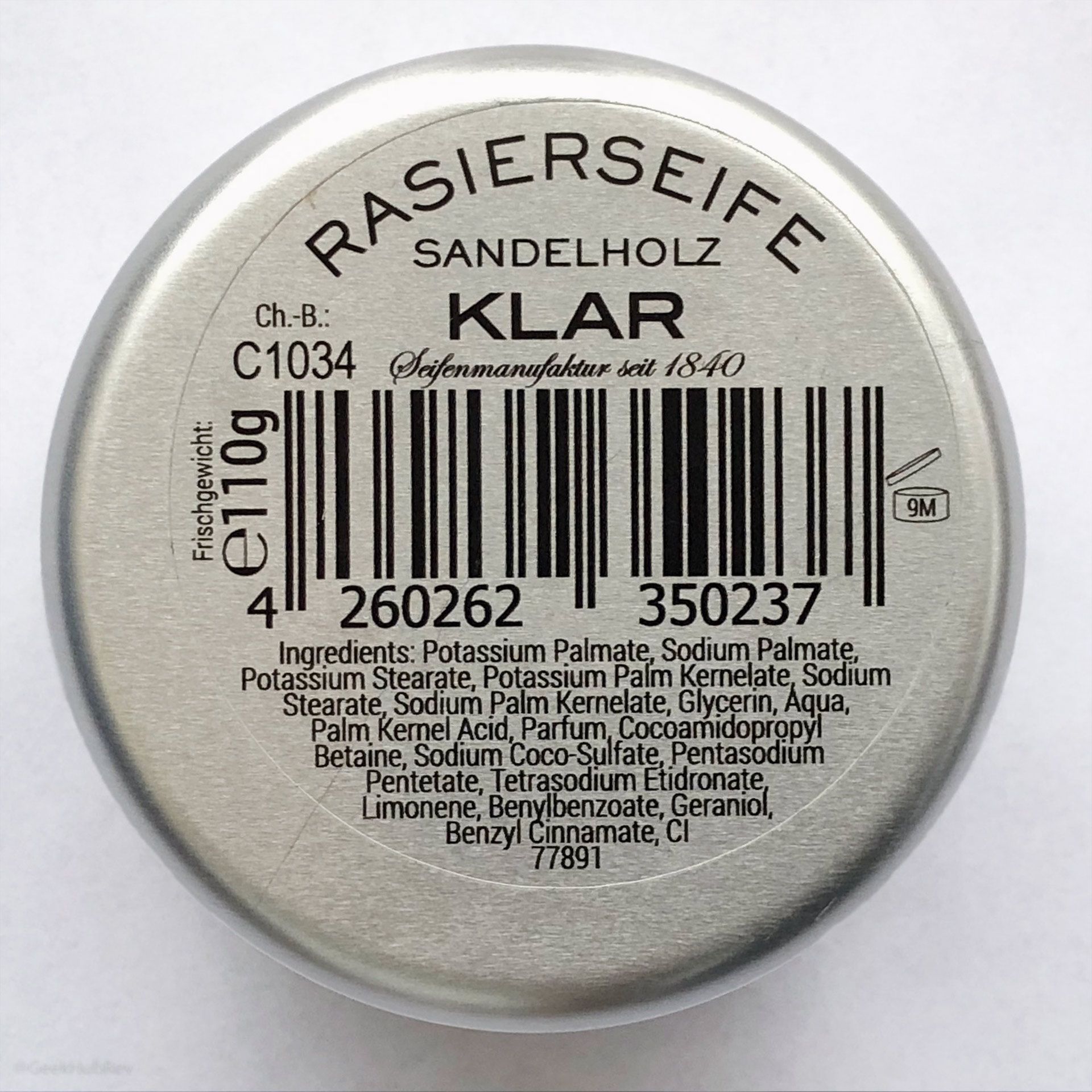 Skład mydła do golenia Klar Seifen Sandelholz Rasierseife (Sandalwood Shaving Soap INCI ingredients)